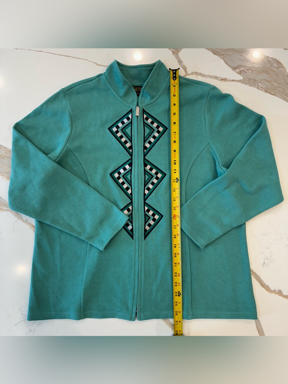 Bob Mackie Wearable Art Teal Checkered Embroidered Zip Jacket 1X Plus - Picture 4 of 7